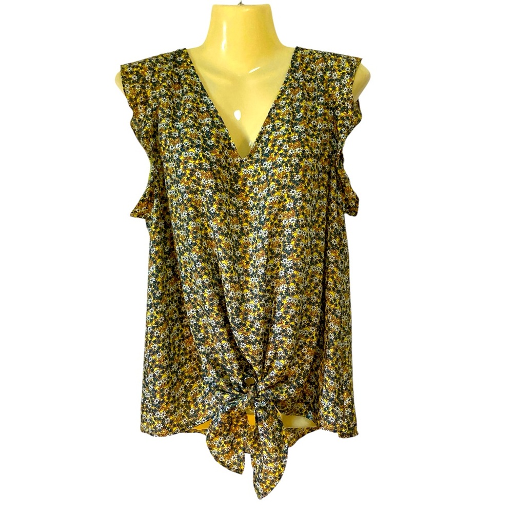 West K Top Cottagecore Floral Ruffled Sleeveless Boho Flowy Yellow Blue Medium